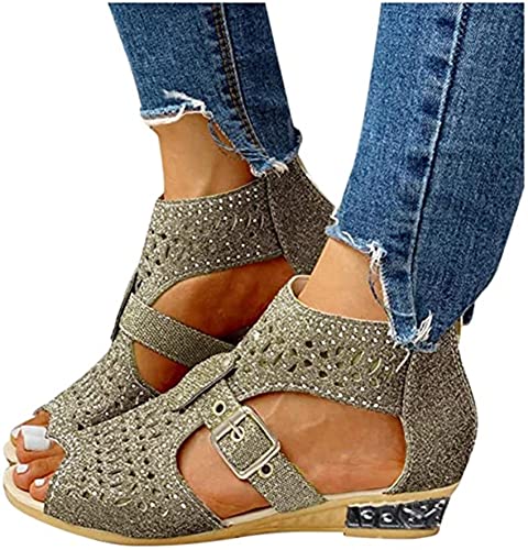 Damen Sandalen mit Absatz,Strass Sommerschuhe Strandschuhe Peep Toe Damenschuhe Riemchenpumps Wedges Retro Freizeitschuhe Pantoletten Strandsandalen Pantoletten,Gold Cover