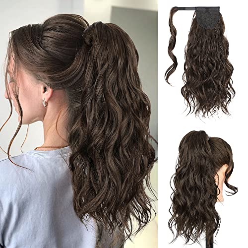 Deethens Long Wavy Ponytail Extension with 2PCS Front Side Bangs for Women 20 Inch Wrap Around Synthetic Hair Fluffy Pony Tail (Medium Brown, 20 Inch)