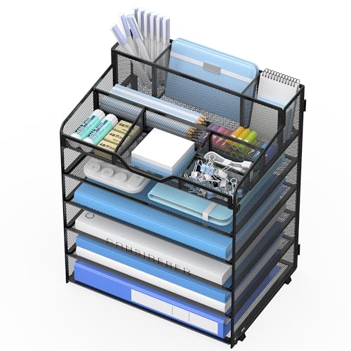 OrgMate 6 Tier Mesh Desk Organizer,Multi Functional Letter Paper Tray