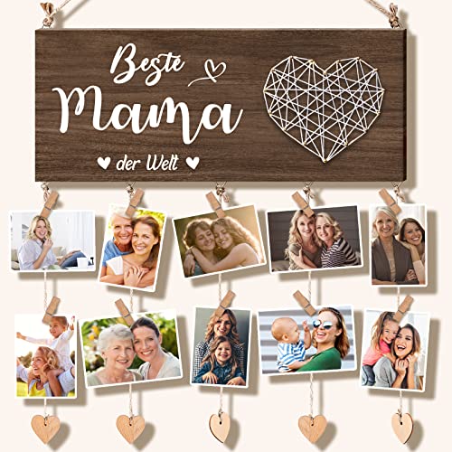 Geschenke für Mama, beste Mama-Geschenke, Bilderrahmen, Weihnachtsgeschenke für Mama von Tochter/Sohn, Holz-Fotorahmen mit Holzseil und Clip Cover