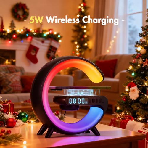 Led Wireless Charger Lamp, G Shaped Lamp Phone Charger Bluetooth Speaker with 10 Lighting Modes and 5w Wireless Fast Charging, Dimmable Bedside Lamps And Alarm Clock, Gifts for Boys Girls(Black) - Image 4