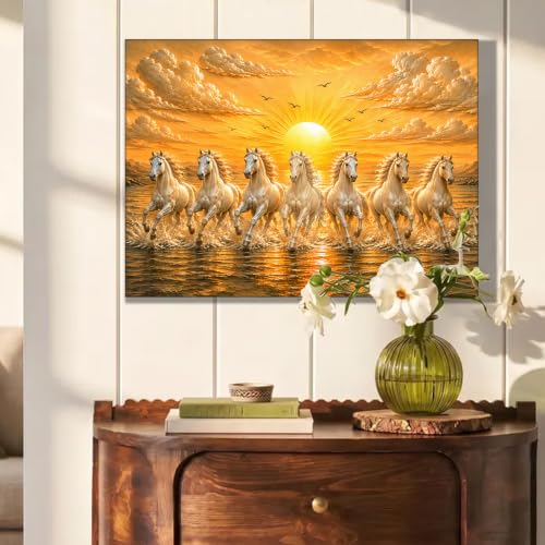 Image of PAINTINGMANTRA 7 White Running Horses Canvas Wall Art Painting For Living Room|Seven Running Horses Vastu Stretched Canvas Painting For Bed Room, Home & Office, 16x22 Inch