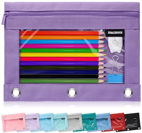 Image of SPACEMATE Pencil Pouch for 3 Ring Binder, Clear 3-Hole Zipper Pencil Case | Metal Grommets, School Supplies Organizer for Girls, Boys & Kids, Preppy Aesthetic Style, 1 Pack, Purple