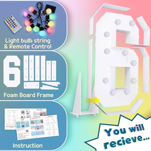 Image of Imprsv Colorful 4FT Marquee Numbers 6, 18 Colors Large Light up Numbers | RGB with Remote, Birthday Party Decorations Anniversary Wedding Decorations Assembly Required 22 Pcs Accessory Set