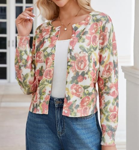 Women's Floral Cardigan Sweater Button Down Knit Long Sleeve Open Front Lightweight Casual Fall Outwear Cardigan Tops3