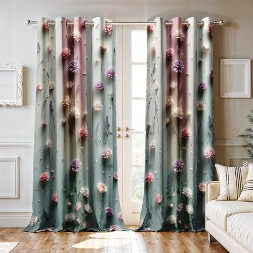 Image of Ultimate Trends Room Darkening Digital Printed 3D Prints Curtain 65-70% Opacity,Diamond Eyelets, Tie Back, Floral Decorated, 6 FEET Pack of 2,Sage Green