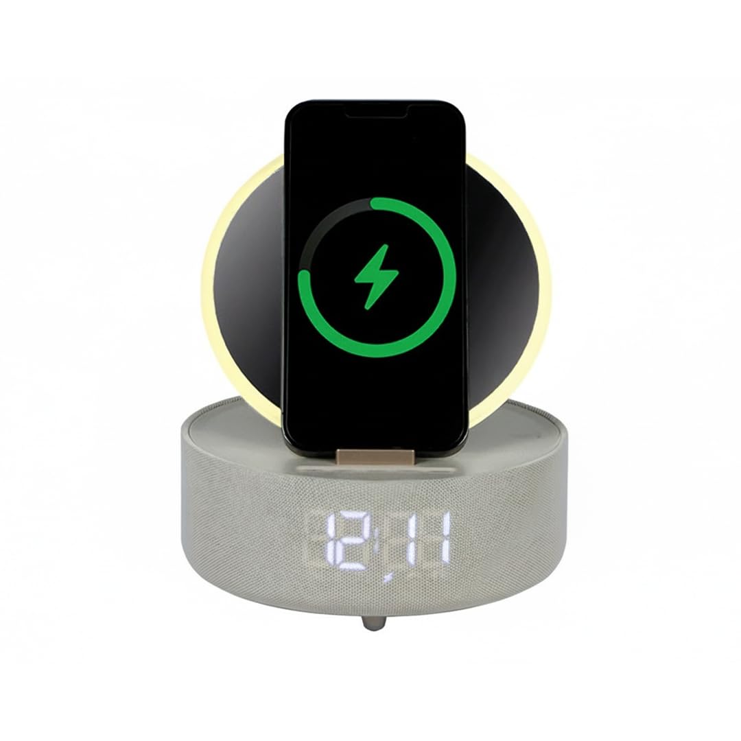 Make Up Specchio LED da Tavolo con Luce Dimmerabile, Ricarica Wireless Qi, Cassa Bluetooth e Orologio Digitale, Specchio Beauty per Trucco e Skincare (Beige)