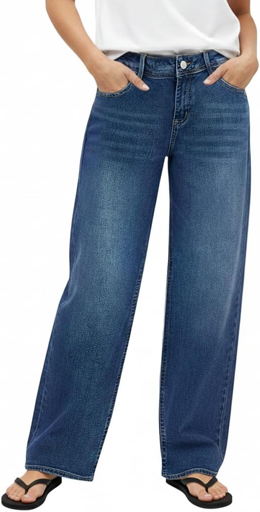 Madrirdma Wide Leg Jeans for Women Mid Waist Straight Stretch Wash Denim Jeans