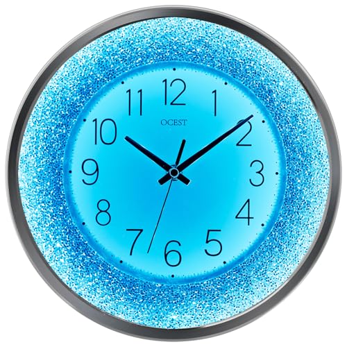 OCEST 30 cm Wanduhr mit Glitzerdiamant-Nachtlicht Geräuschloser LED-Schimmer im Dunkeln Dekorative Großanzeige-Uhr für Schlafzimmer Wohnzimmer Küche Silber