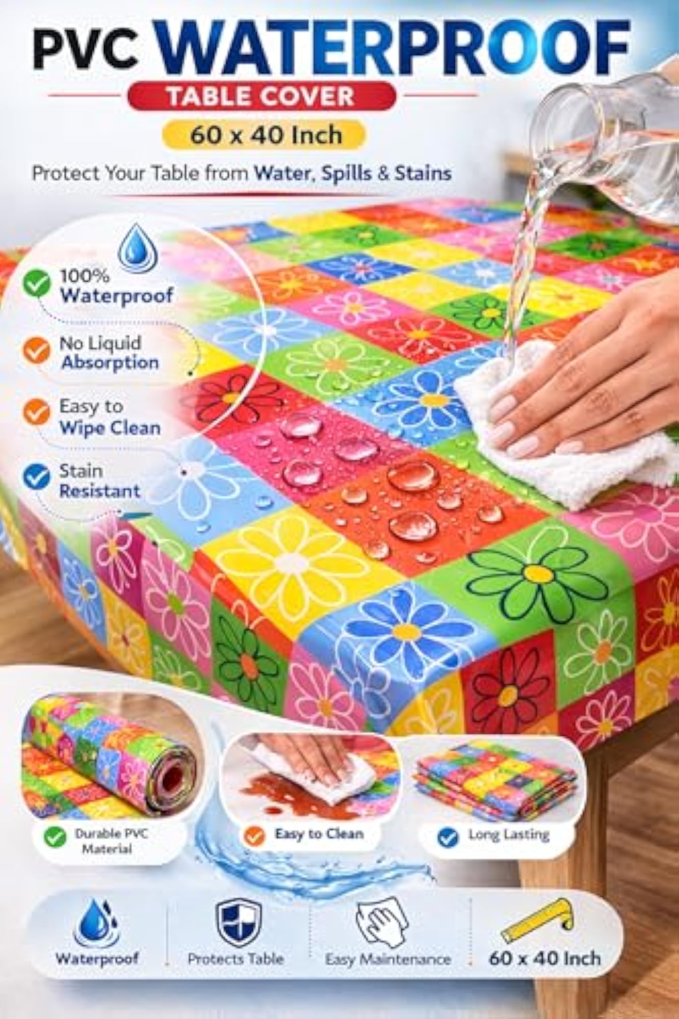 Floral Design Waterproof Center Table Cover for 4 Seater