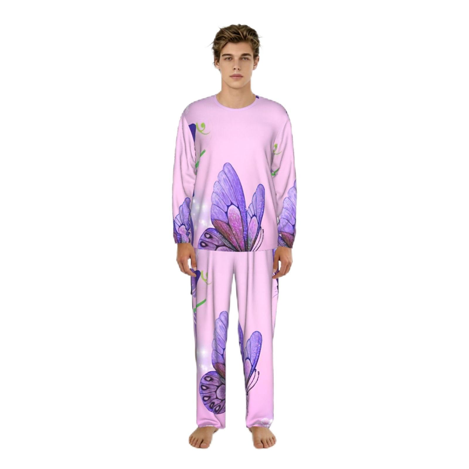 Ensemble pyjama manches longues hommes imprimé papillon rose - 8
