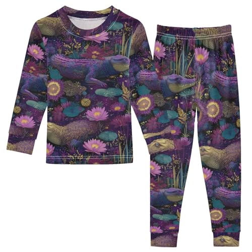 Pajama Sets Long Sleeve Crocodile Among Flowers and Leaves Soft Comfy Sleepwear 2 Piece PJS 3-8T