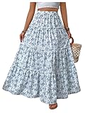 Floerns Girl's Floral Maxi Skirt Elastic Waist Tiered Ruffle Hem Summer A Line Skirts Blue and White 12Y