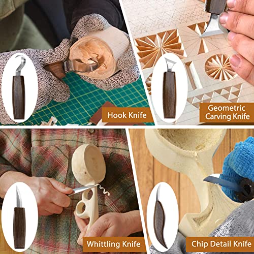 Poliwell N2WCT22P Wood Carving Kit 22Pcs Wood Carving Tools Hand Carving Knife Set With Anti-Slip Cut-Resistant Gloves, Needle File Wood Spoon Carving Kit For Beginners Whittling Kit For Kids Adults Woodworking Diy thumb #1