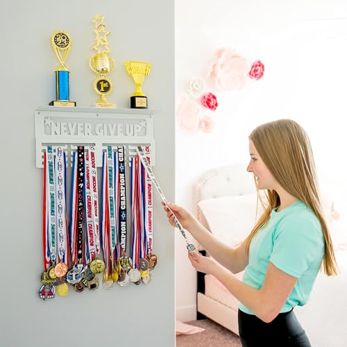 Never Give Up Medal Hanger Display with Trophy Shelf - Easy Install White Medal Awards Display for Walls Holds 64+ Sports Medals - Our Medal Holder Rack Includes 10 Inspirational Stickers (White)
