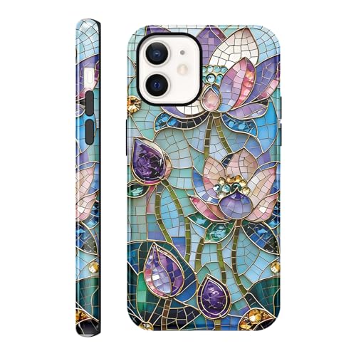 Cinysnt Cute Pink Purple Flower Stained Glass Phone Case for iPhone 12 Pro/iPhone 12 6.1", Aesthetic Lotus Magnolia Floral Pattern 2-in-1 Glossy Phone Cover Shockproof Soft TPU Hard PC Girls Women