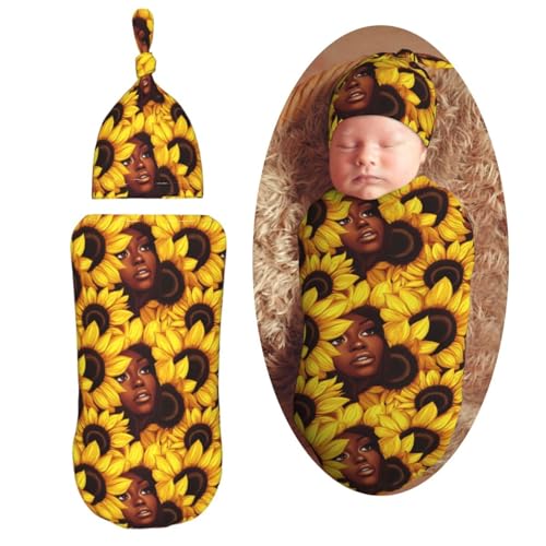 Image of Woman and Sunflowers Newborn Swaddle Blankets Hat Sets Soft Baby Receiving Blanket Swaddle Sack for Baby Shower Infant Boy Girl Gift
