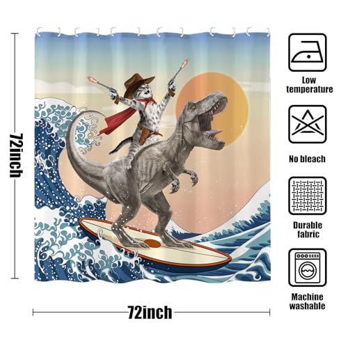 Yeoiat Funny Cat Shower Curtain Cool Cat Riding Dinosaur Surfing in Ocean Wave, Cute Shower Curtain Set 12 Hooks for Bathroom Decor, (72"x72") by Yeoiat - Used condition - Image 5