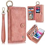 XRPow Wallet Case iPhone 8 Plus/iPhone 7 Plus 5.5' [2 in 1] Magnetic Detachable Wallet Case [Vegan Leather] Zipper Clutch Folio Flip Card Solt [Wrist Strap] Purse Protection Back Cover - Rose Gold