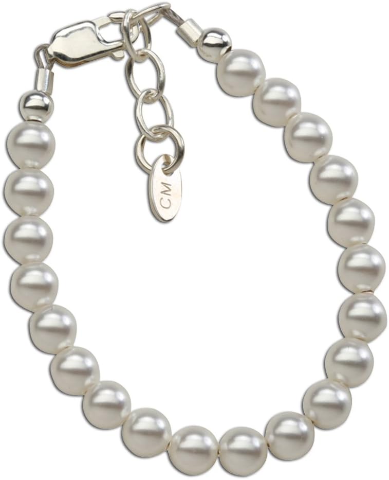 Precious Pieces Children's 925 Sterling Silver Flower Girl Austrian Simulated Pearl Bracelet, Necklace or Set for Girls, Toddlers, or Kids
