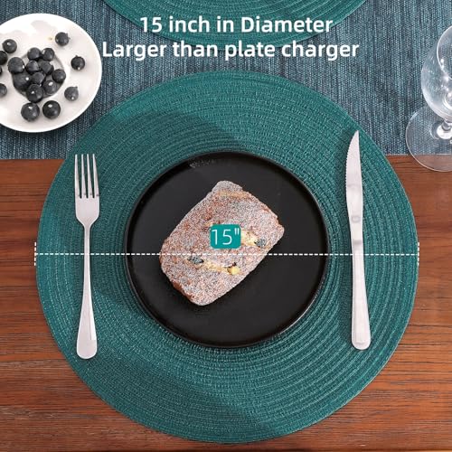 Image of SHACOS Round Placemats Set of 8 Woven Braided Table Placemats 15 inch Circle Place Mats Washable Non Slip Table Mats for Home Wedding Party, Teal Green