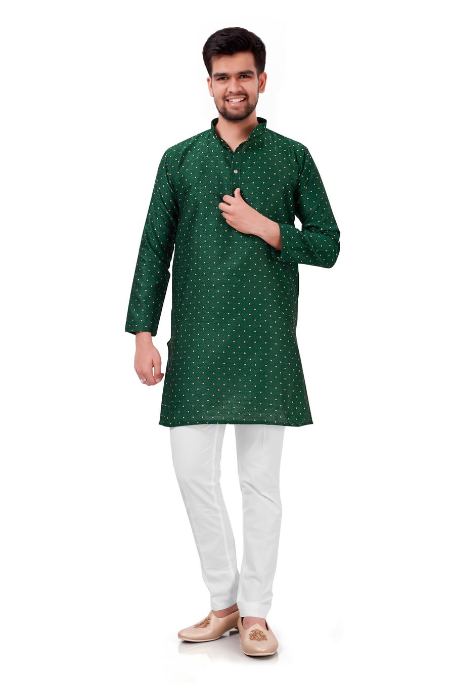 negroni Men's Jacquard Fabric Zari Work Kurta, Knee Length Straight Hemline, Open Cuff Full Sleeve, Chinese Collar, Buttons, 2 Side Pockets - NK_ZHILMIL-picture-56