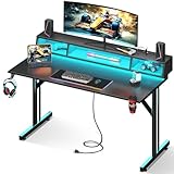 MOTPK 48 inch Gaming Desk with LED Lights & Power Outlets, Small Computer Gaming Table with Float Monitor Stand, Kids Boys Desk with Carbon Fiber Texture