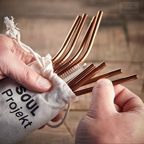 Soul Projekt 8X Metal Stainless Steel Drinking Straws, Reusable Straw with 2 x Cleaning Brush and Pouch, Eco Friendly (Rose Gold)