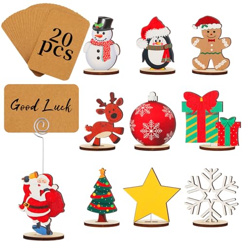 Funnymoom 20 Pcs Christmas Wood Place Card Holders Stand Display and 20 Pcs Kraft Place Cards Santa Snowman Elk Star Number Name Photo Picture Clip Holder for Xmas Party Table Decoration(Christmas)