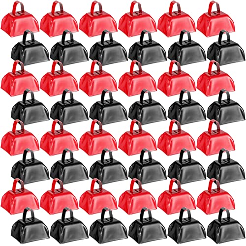 Yeshone 48 Pcs Metal Cowbells with Handles Loud Noise Makers Small Hand Percussion Cowbells for Football Events, Wedding, Graduation Team Cheering(Black, Red)