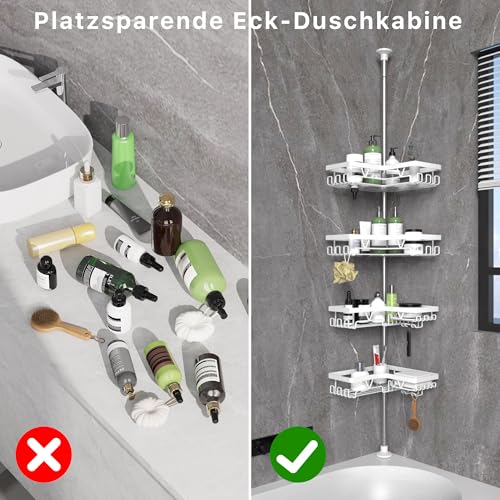 Image of KEGII Corner Shower Caddy Tension Pole - Shower Tension Rod Organizer, Floor to Ceiling Shower Caddy 25-114.2 inch, Bathroom Rack Corner Waterproof, Pure White