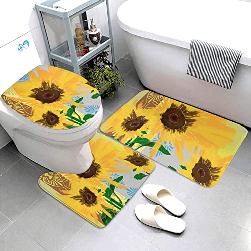 ARLTTH Badematte Mit Marmorstruktur, 3-teiliges Badezimmerteppich, Rutschfester Und Weicher, Saugfähiger Polyester-Teppich, U-förmiger Konturteppich Und Toilettendeckelbezug (Sonnenblume)