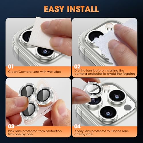 Image of for iPhone 16 Pro /16 Pro Max Camera Lens Protector Bling Individual Metal Glitter Ring 9H Hardness Scratchproof Protector, Stylish Phone Accessories, Case Friendly (Glitter Silver)