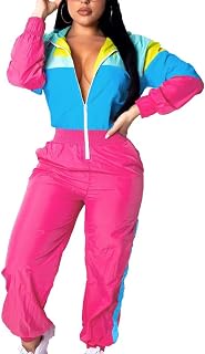 VOIKERDR Women Colorblock One Piece Outfits Set High Waist Pants Long Sleeve Zipper Front Windbreaker Jumpsuit, Acc Pink, Small