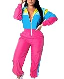 VOIKERDR Women 80S One Piece Outfits Set High Waist Pants Long Sleeve Zipper Front Windbreaker Jumpsuit