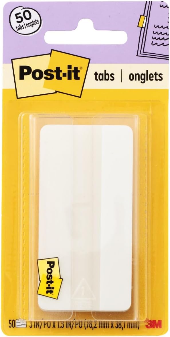 Post-it Sticky Tabs, 3 in. x 1.5 in., 1 Pads of Book Tabs for Bookmarking, Annotating, Reading, and Reminders, White (50 Total Count)