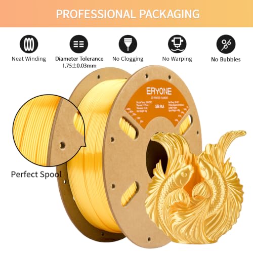 Image of ERYONE Silk PLA Filament for 3D Printer 1.75mm + /- 0.03mm, Shiny Filament 1kg (2.1lbs) /Spool, Yellow