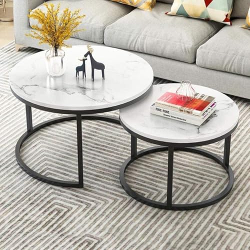 Image of Furniture Cafe Round Nesting Coffee Table Set of 2 - White Marble Finish with Black Metal Frame for Living Room