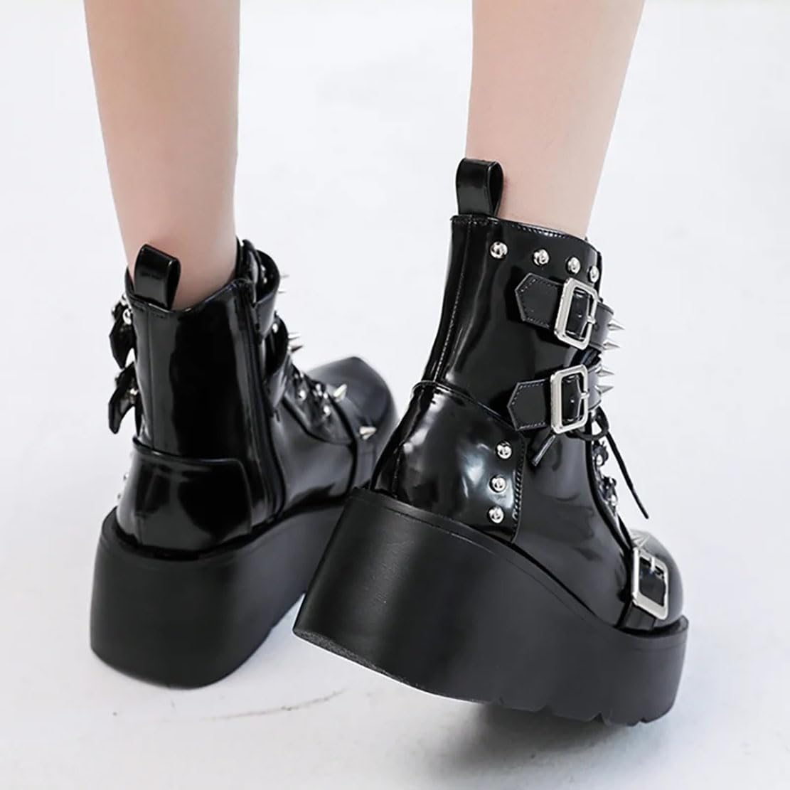 Damen-Gothic-Stiefeletten mit Plateau und Fledermausschnallen, klobige Absätze, runde Zehenpartie, Reißverschluss, Punk-Motorrad-Kampfstiefel, bequeme kurze Gothic-Stiefeletten