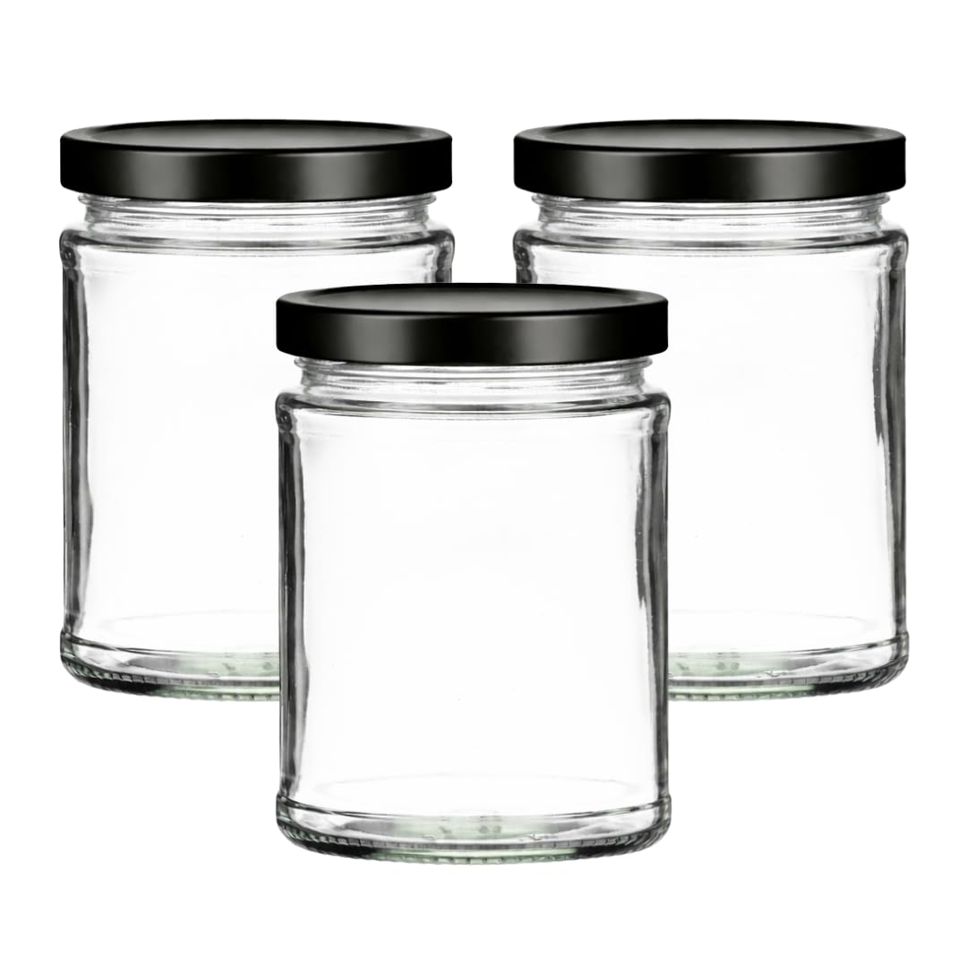 500ml Panelled Jam Jars | 500ml Jam Jars | Sets of 3-100 | Including Gold, Black or Silver Twist Off Caps | Glass Jars | Preserve & Chutney Jars | J&B (36, Black)