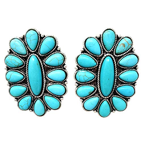 Western Turquoise Oval Post Earrings Squash Blossom Boho