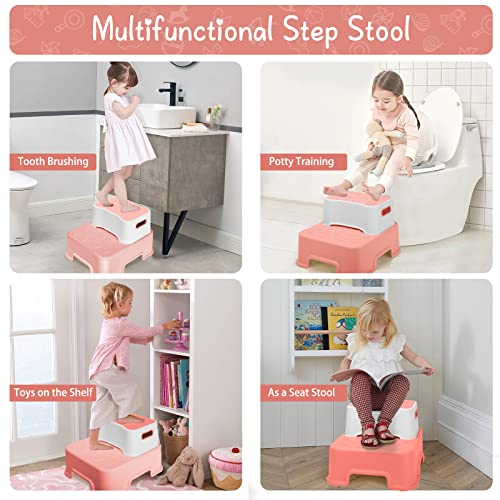 2 Step Stool For Kids And Toddler,Anti-Slip Sturdy Bathroom Toilet Step Stools,Double Up Step Stool With Soft Grips,For Potty Training,Sink,Kitchen(Pink) #TOP1