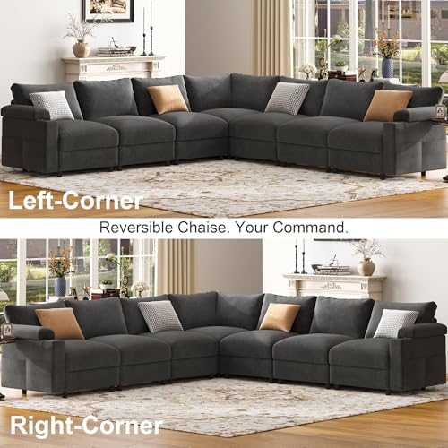 Image of Sectional Couches for Living Room FSC Certified Velvet Modular Couch Oversized Cloud U Shaped Convertible Sleeper Sofa Chaise Detachable Armrest Cushion (Velvet Grey, Corner V Shape 7 Seat)