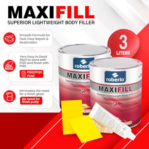 Roberlo Maxifill Superior Lightweight Body Filler – Easy Sanding & Paintable for Car Repairs – Ideal for Dents, Holes & Rust – Ultra Smooth Finish – Pack of 2 x 3 Liters + Hardener