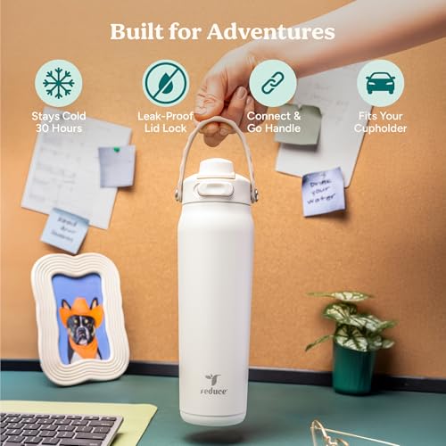 Image of REDUCE Aura Vacuum Insulated 26 oz Water Bottle - Leak-Proof & Chug Spout for Quick Hydration - Keeps Drinks Cold for 30 Hours - Removable Handle for Travel or Gym - Soft Sit Base - Mineral Blue