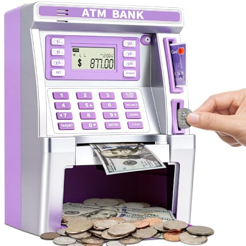 Image of BAODLON Purple Piggy Bank for Kids, ATM Machine Bank for Real Money with Debit Card, Bill Feeder, Coin Recognition, Balance Calculator, Electronic Savings Safe Box, Cool Stuff Toys Gifts for Teen Girl
