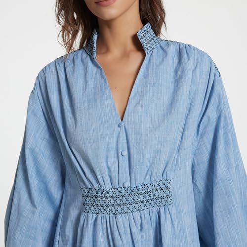 Womens Embroidered Shirt Dress Fall Oversized Long Sleeve Casual V Neck A Line Mini Dress4