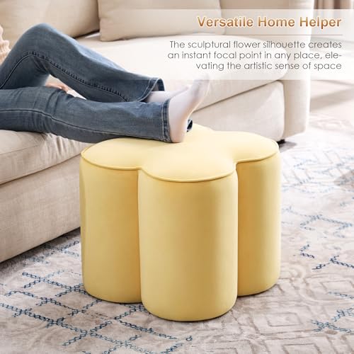Image of Zesthouse Flower Pouf Ottoman Foot Rest Set of 2, Velvet Fabric Poofy Ottoman Footstool for Couch, Modern Living Room Stool for Under Entry Table, Cute Square Vanity Stool for Bedroom Dorm, Yellow