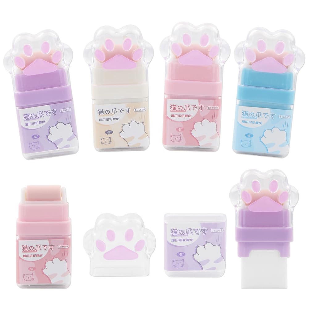 Geluode 4Pcs Cat Paw Roller Eraser, Colorful Cute Cat Rubber, Kids Eraser with Shaving Roller Case for School Office Supply Stationery, 70 x 31 x 15mm