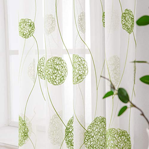 MIULEE Embroidery Sheer Curtains Decoration Flora Design Grommet Window Curtain Semi Voile Drapes with Eyelets Window Treatments for Living Room Bedroom 2 Panels 55" W x 63" L Green - Image 4